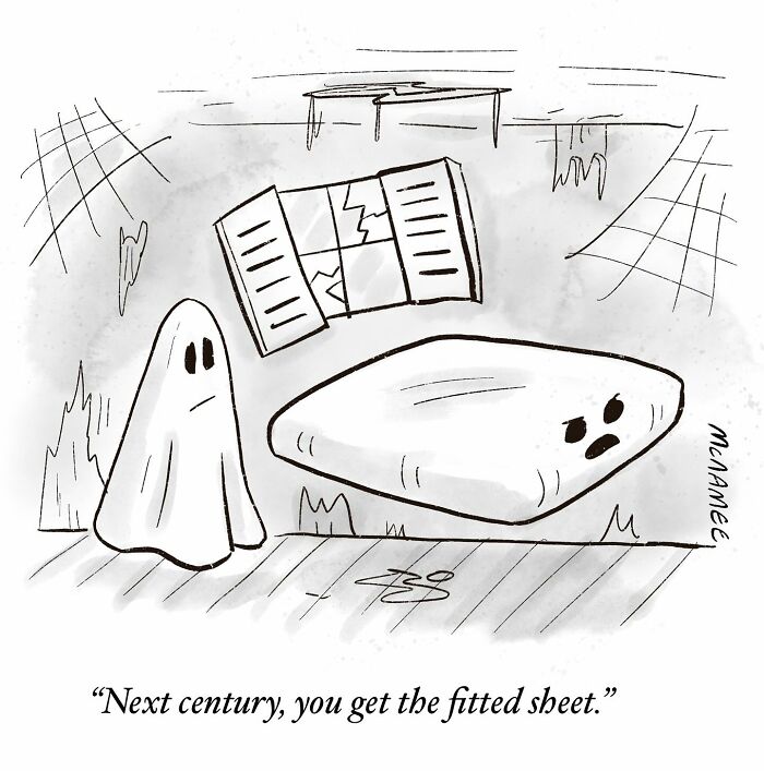 Black and white comic by New Yorker cartoonist showing a ghost and angry mattress discussing fitted sheets inside a room.
