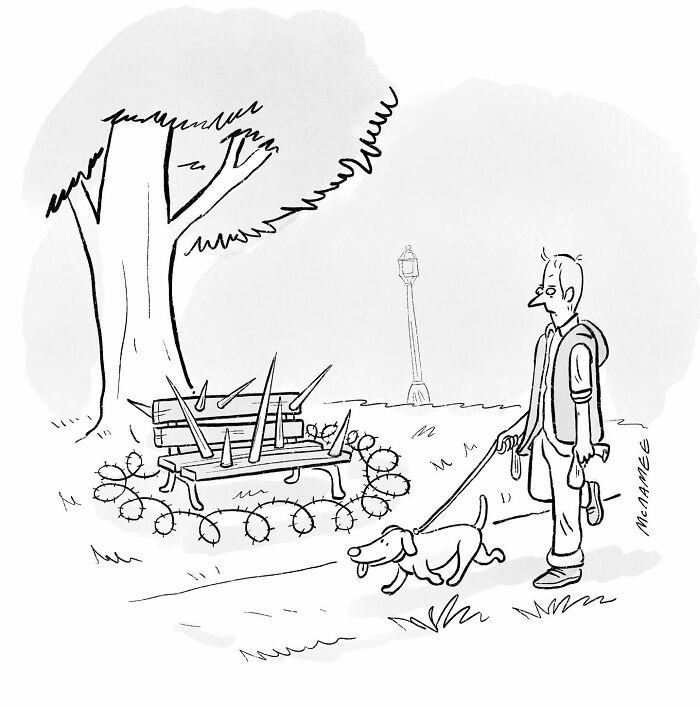 Man walking a dog past a park bench surrounded by spikes and barbed wire in a clever and relatable cartoon scene.