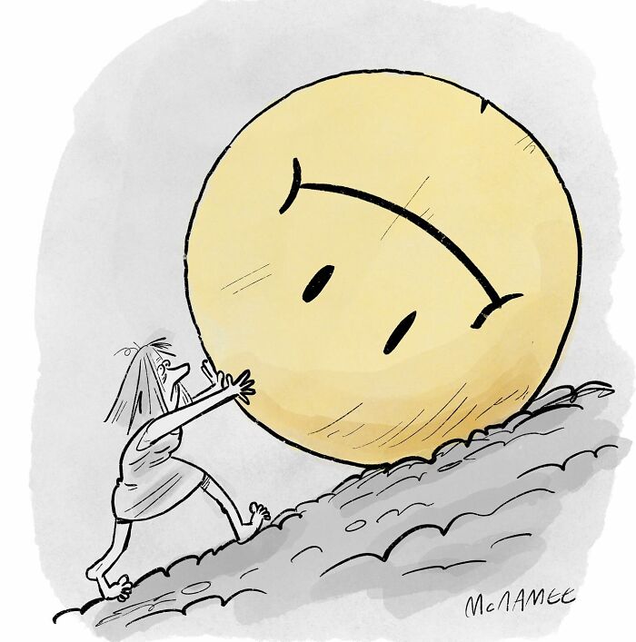 Woman struggling to push a large frowning face uphill in a clever and relatable comic by New Yorker cartoonist.