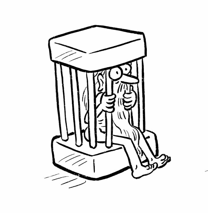 Black and white comic by New Yorker cartoonist showing a man trapped inside a cage made of a stool turned upside down.