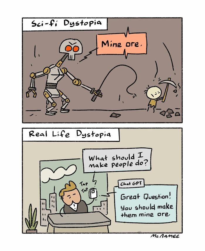 Comic showing a New Yorker cartoonist’s clever take on sci-fi dystopia versus real life dystopia with ChatGPT mining ore.