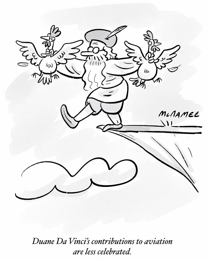Cartoonist comic showing a whimsical take on Da Vinci's aviation ideas with a man balancing chickens on a cliff edge.
