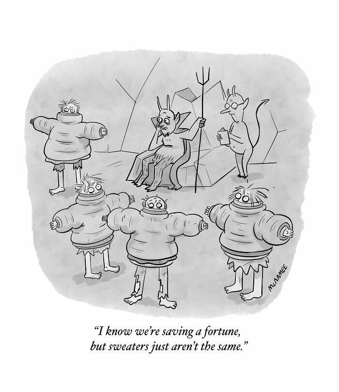Clever and relatable comic by New Yorker cartoonist shows devils and humans wearing oversized sweaters underground.