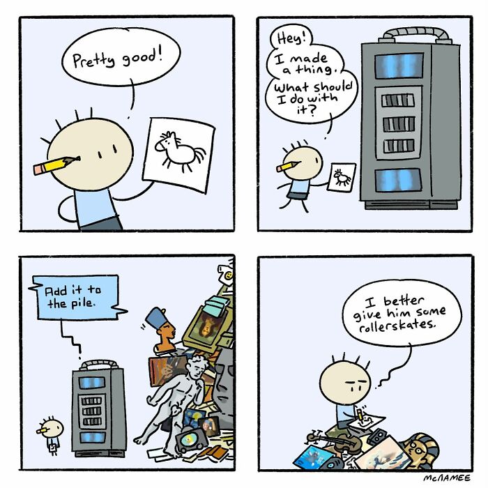 Cartoonist’s clever and relatable comic strip showing a character creating and questioning what to do with a drawing.
