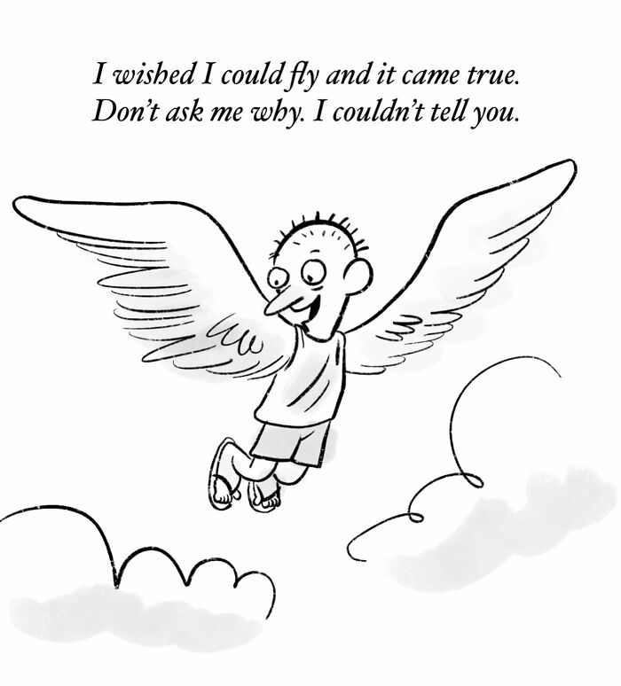 Cartoon of a boy with wings flying above clouds, featuring clever and relatable comics by New Yorker cartoonist.