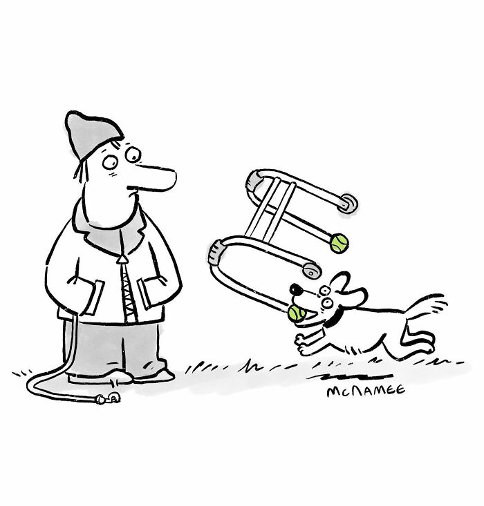 Cartoonist comic showing man with leash and eager dog catching multiple tennis balls with a funny contraption outdoors.