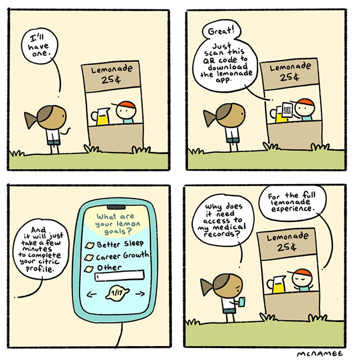 Comic by New Yorker cartoonist shows a lemonade stand with a humorous app download and privacy concern joke.