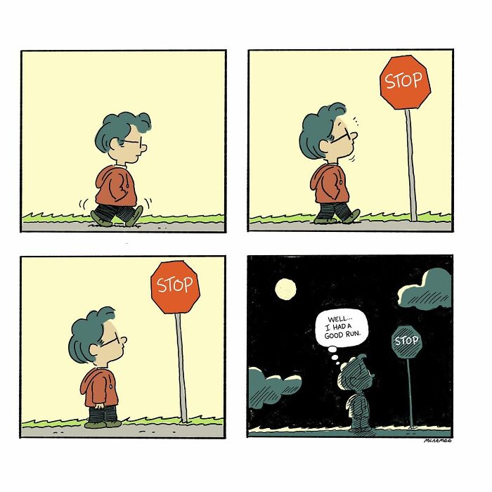 Comic panels by New Yorker cartoonist showing a character walking past stop signs, reflecting in a night scene.