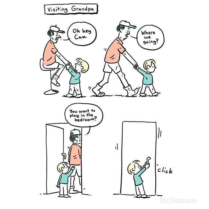 Cartoon by New Yorker cartoonist shows a child and adult visiting grandpa with clever, relatable humor.