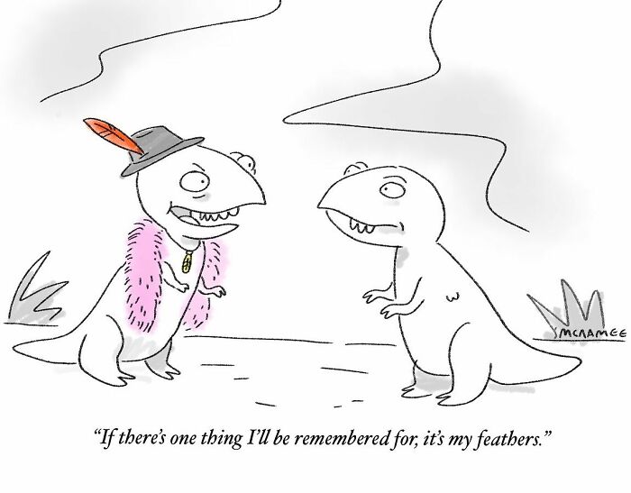 Cartoon dinosaur wearing a feathered hat and boa, delivering a clever and relatable comic by a New Yorker cartoonist.