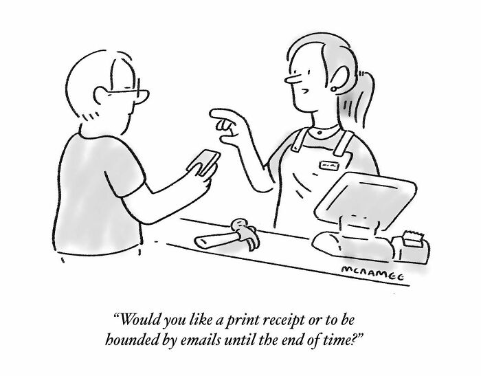 Clever and relatable comic showing a cashier asking a customer about print receipt or email receipt options.