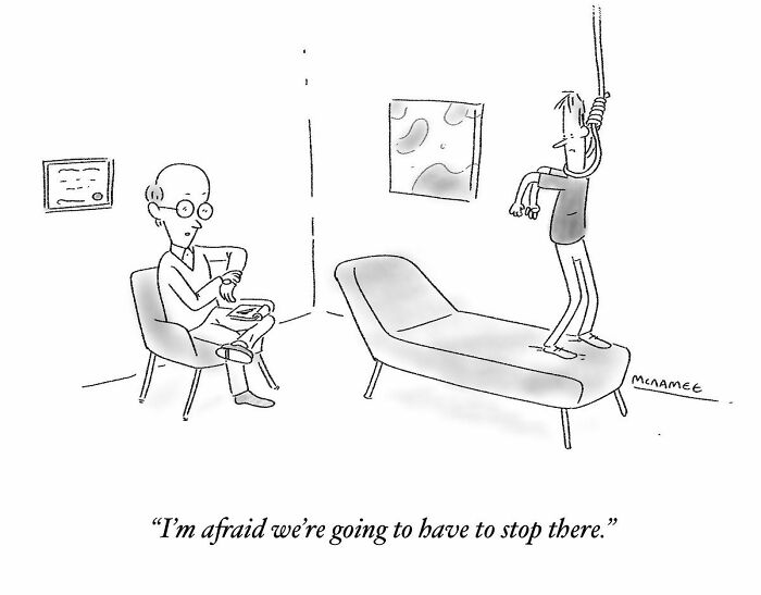 Black and white comic by New Yorker cartoonist showing a therapist stopping a hanging patient mid-session.