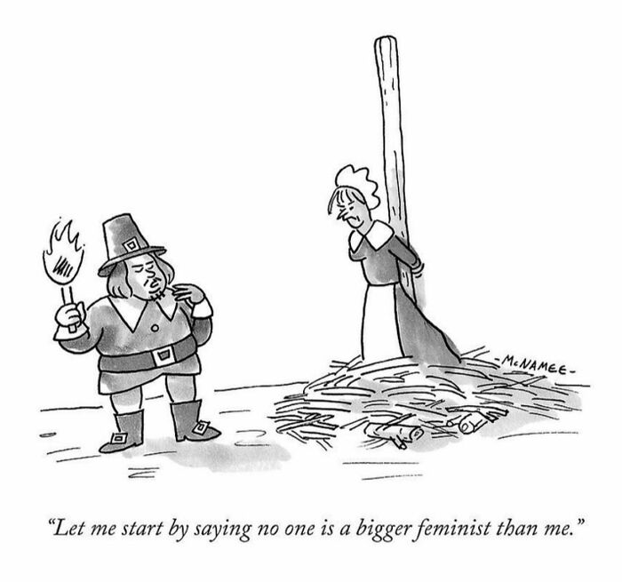 Black and white comic by New Yorker cartoonist showing a woman tied to a stake with a man holding a torch making a statement about feminism.