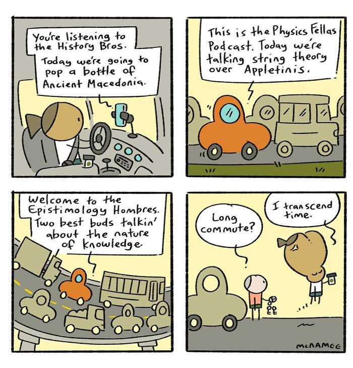 Clever and relatable comics by a New Yorker cartoonist featuring podcast humor and everyday life scenes in cartoon style.