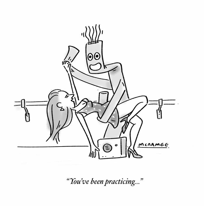 Cartoon by New Yorker cartoonist showing a dancing couple with a quirky robot figure in a comedic pose.