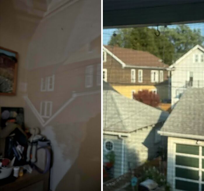 Reflection of houses appearing inside a room, creating an unexplained visual effect from an interesting group of photos.
