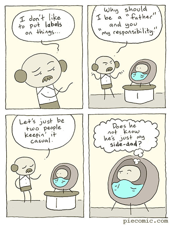 Relatable comic by New Yorker cartoonist shows a humorous dialogue between a man and a baby about casual labels and side-dad roles.
