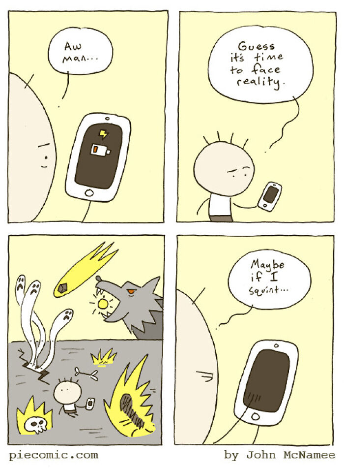 Cartoonist's relatable comic shows a character facing low phone battery anxiety in a clever and humorous style.