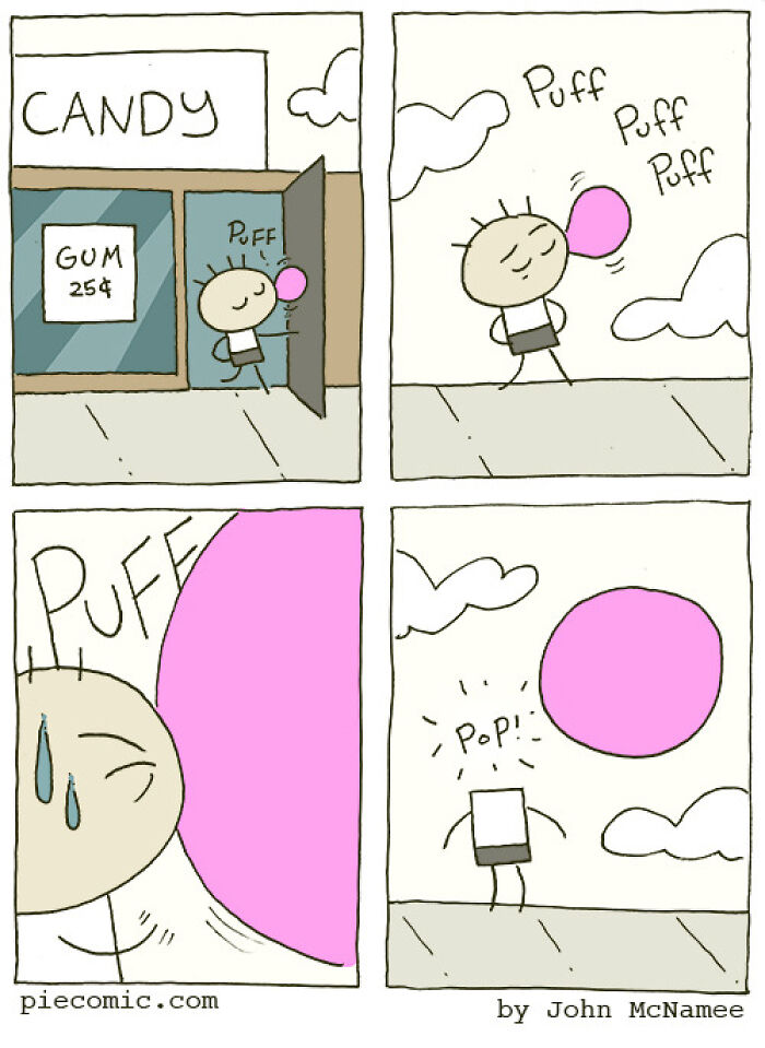 Comic strip showing a stick figure blowing a bubblegum bubble that eventually pops by New Yorker cartoonist.