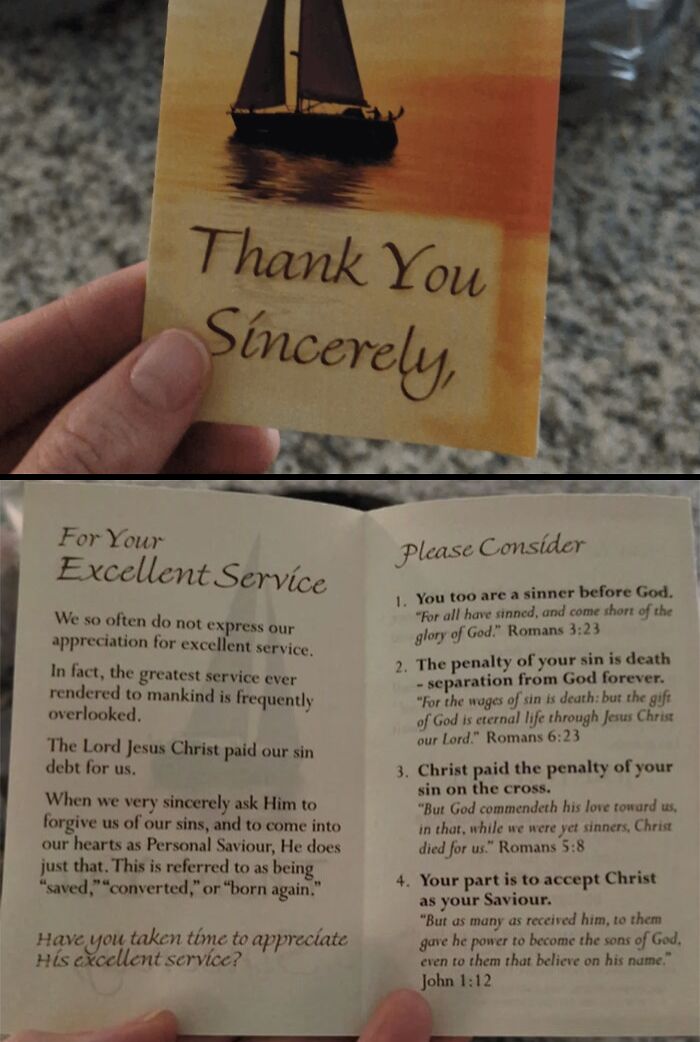 Hand holding a thank you card with a sailboat image and religious text explaining forgiveness and salvation inside.