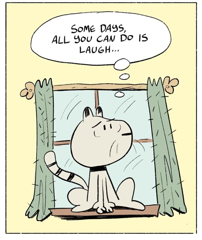 Cartoon cat sitting on a windowsill with a thought bubble, part of clever and relatable New Yorker comics.