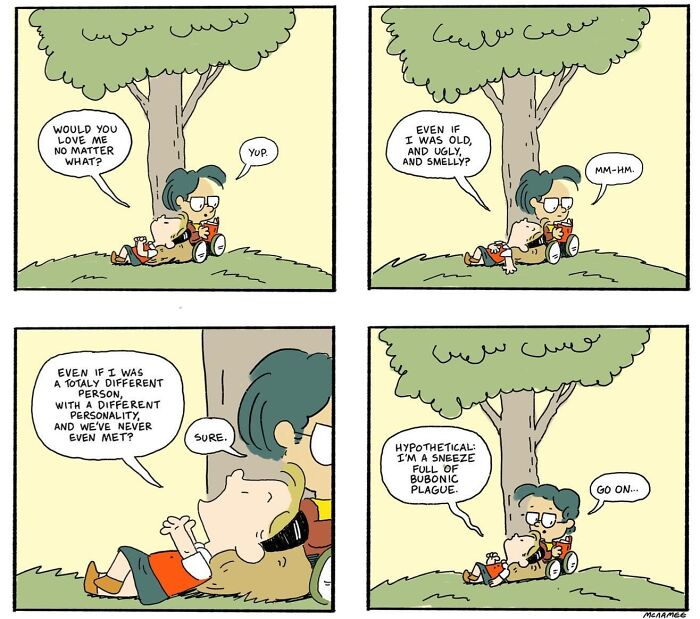 Clever and relatable comic panels by a New Yorker cartoonist showing a heartfelt conversation under a tree.