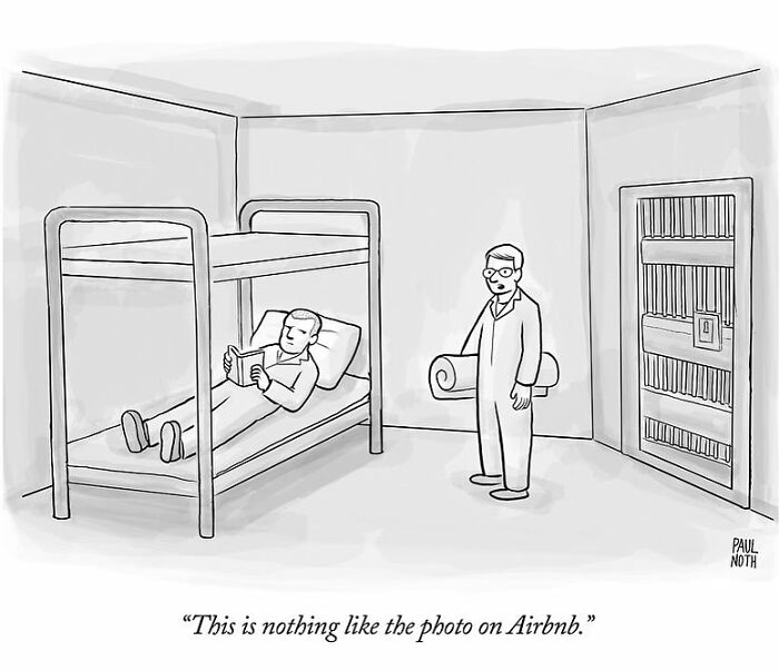 Black and white one-panel comic by Paul Noth showing a man in a prison cell commenting on the Airbnb photo.