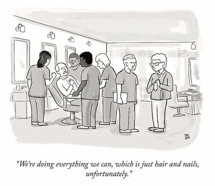 One-panel comic by Paul Noth showing people at a salon with the caption about doing hair and nails only.
