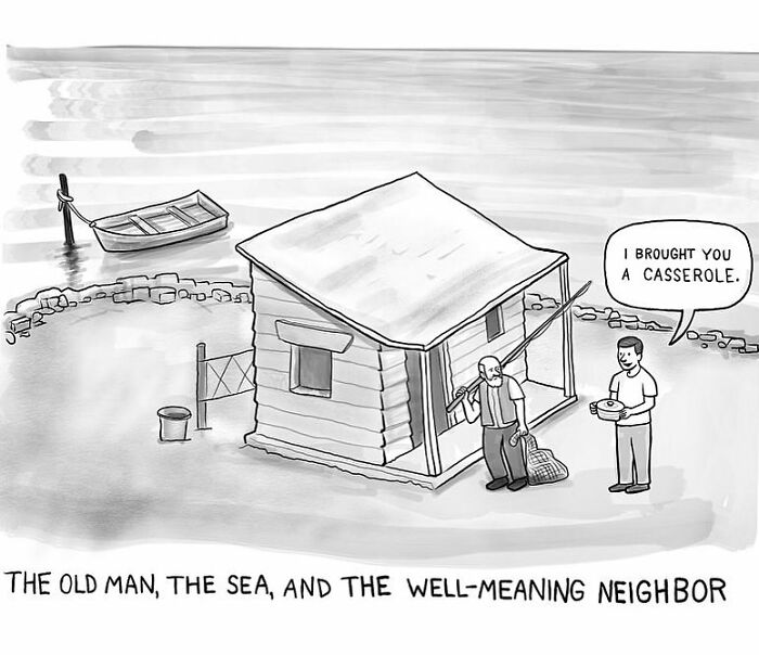 Funny one-panel comic by Paul Noth showing a neighbor offering a casserole to an old man near the sea cabin.