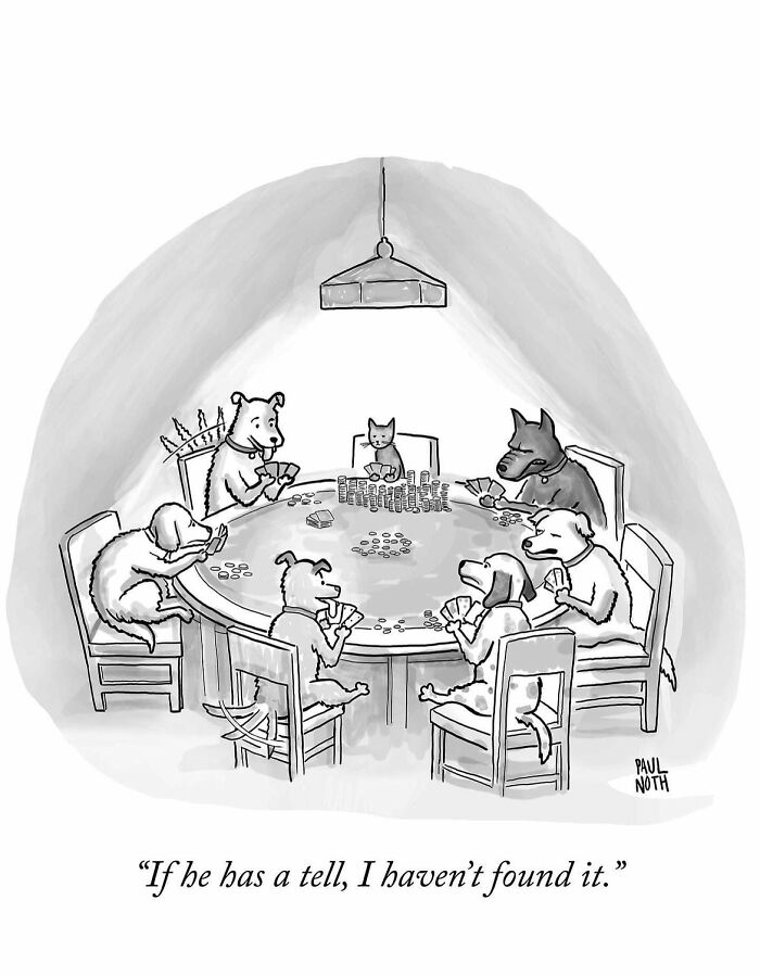 Dogs and a cat playing poker in a funny one-panel comic by New Yorker cartoonist Paul Noth.