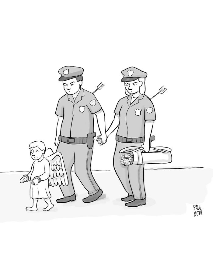 Funny one-panel comic by Paul Noth showing two police officers with arrows and a handcuffed angel child.