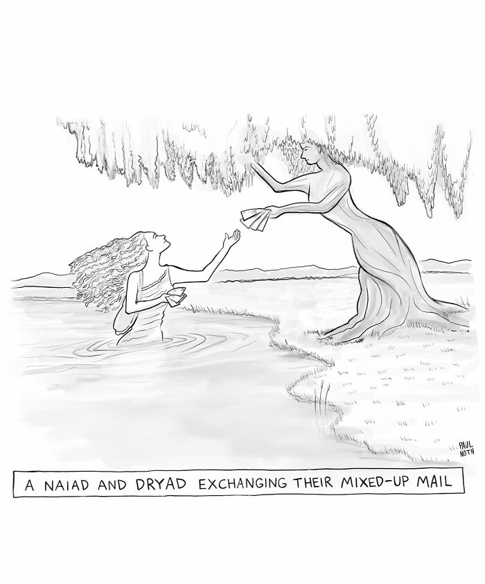 One-panel comic by Paul Noth showing a naiads and dryad exchanging mixed-up mail in a humorous style.