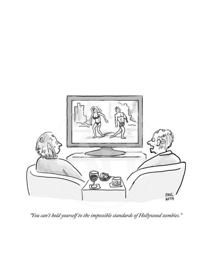 Two people watching a TV showing zombies, funny one-panel comic by New Yorker cartoonist Paul Noth.
