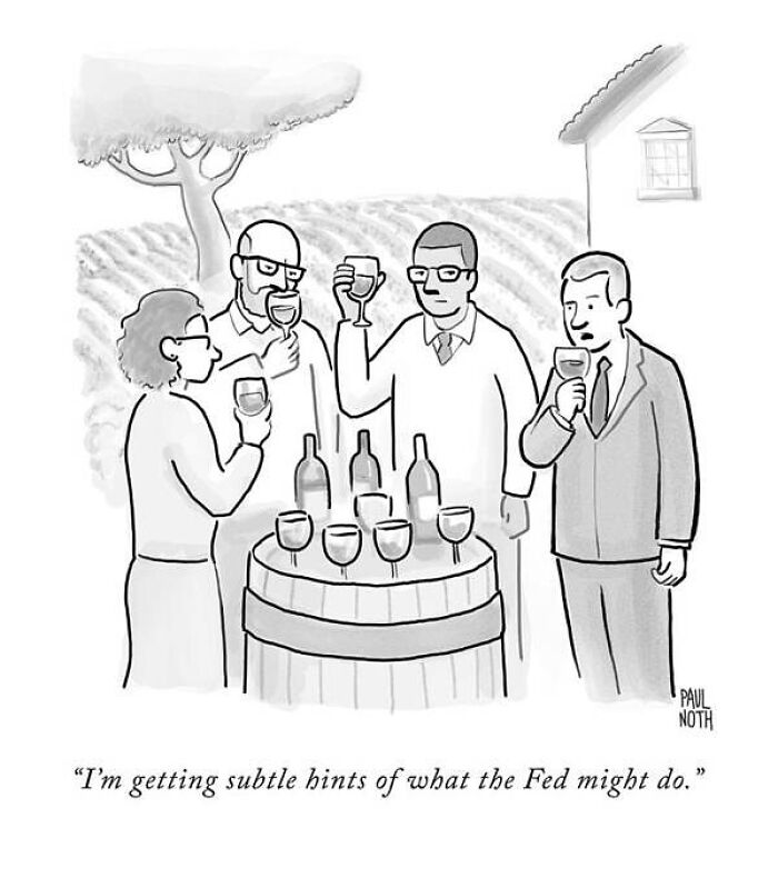 Four people wine tasting outdoors around a barrel table in a funny one-panel comic by Paul Noth.