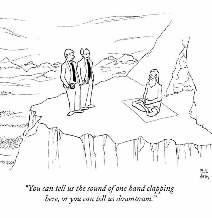 One-panel comic by Paul Noth shows two detectives questioning a meditating man on a mountain cliff.