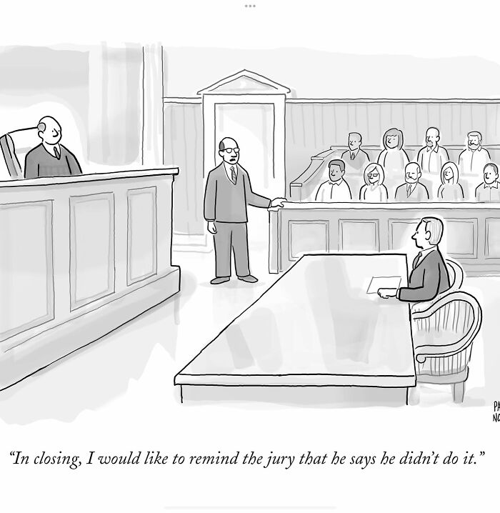 Courtroom scene from a funny one-panel comic by New Yorker cartoonist Paul Noth with lawyer addressing the jury.