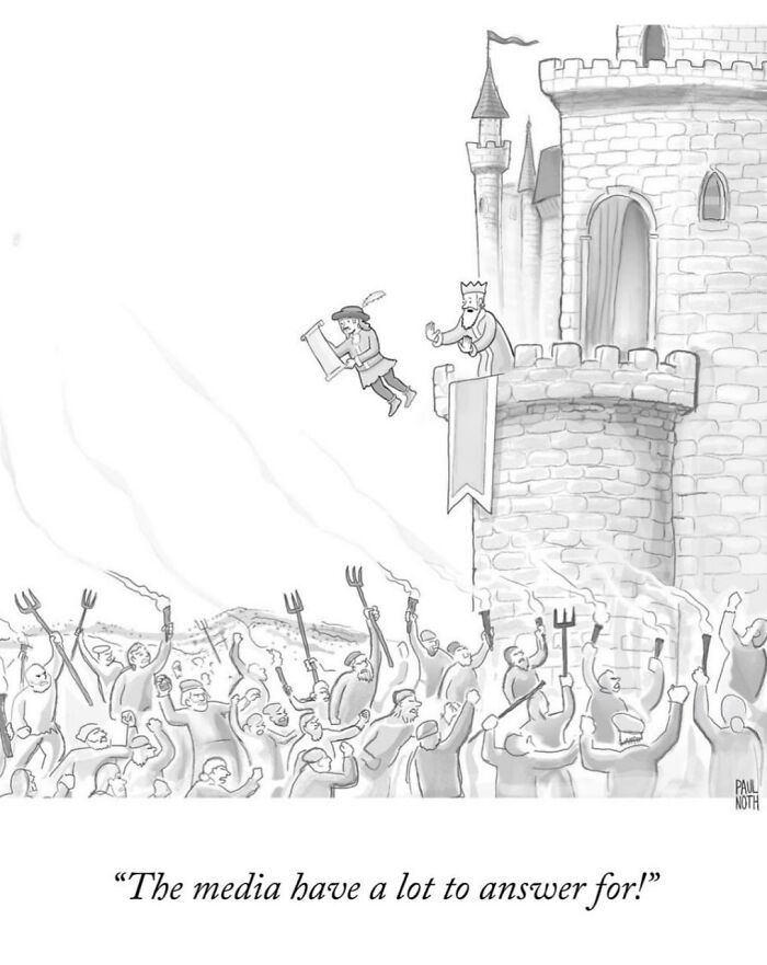 Funny one-panel comic by New Yorker cartoonist Paul Noth shows a king throwing a man from a castle to an angry mob below.