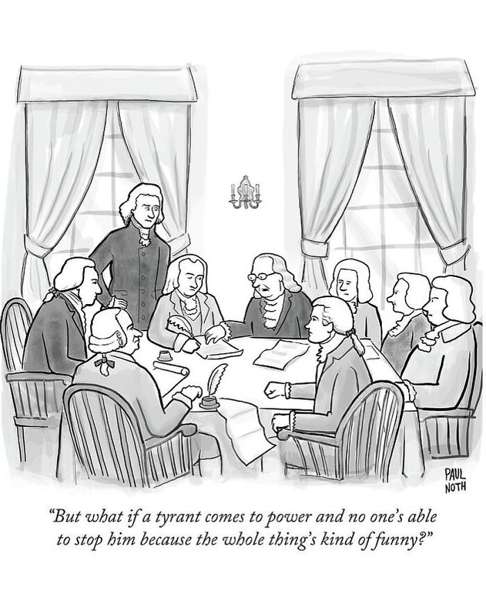 One-panel comic by Paul Noth showing historical figures debating a tyrant’s rise with a humorous twist.