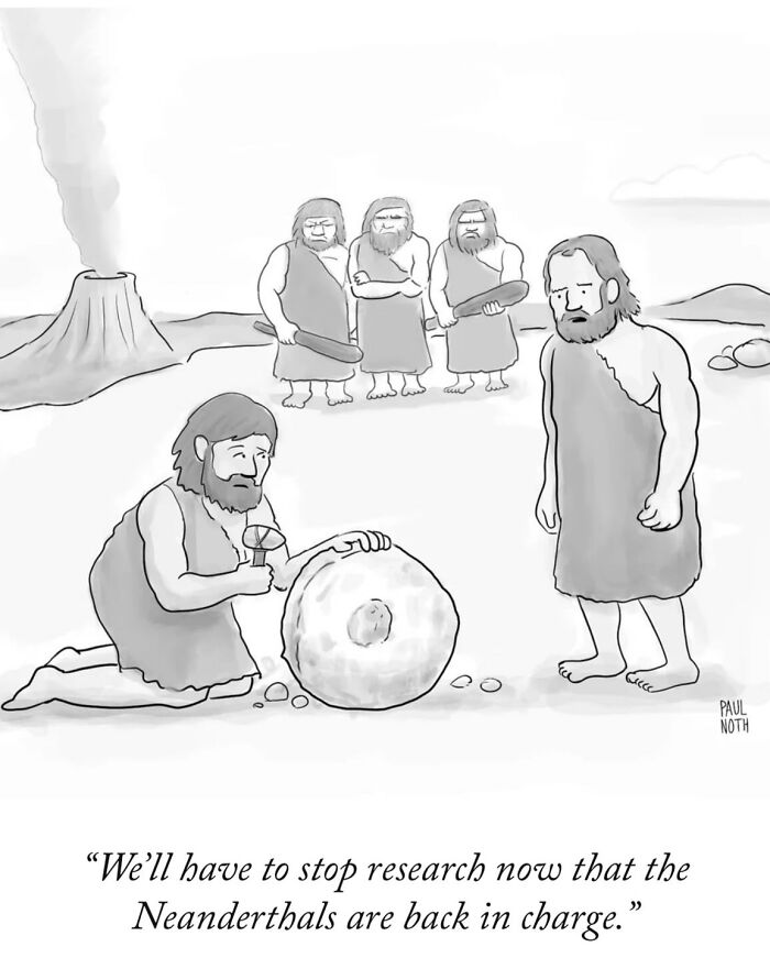 Neanderthals depicted in a funny one-panel comic by Paul Noth with prehistoric characters and a stone wheel.