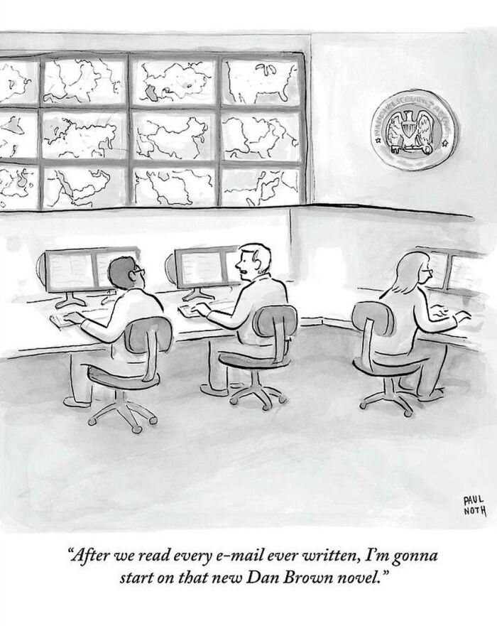 One-panel comic by New Yorker cartoonist Paul Noth showing office workers at computers with humorous caption.