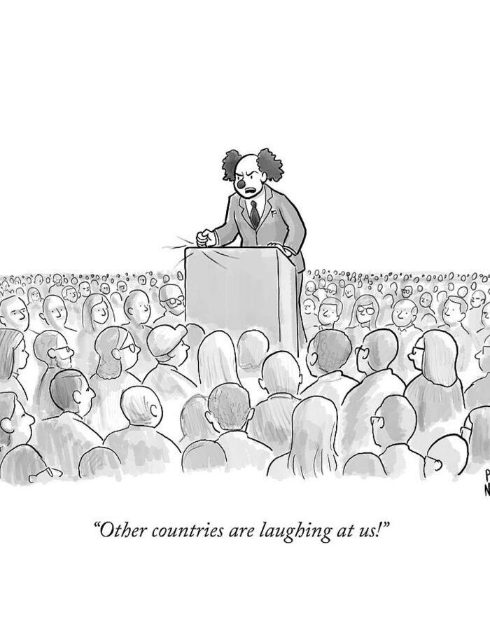 Angry clown cartoonist Paul Noth delivering a speech to a large audience in a funny one-panel comic.