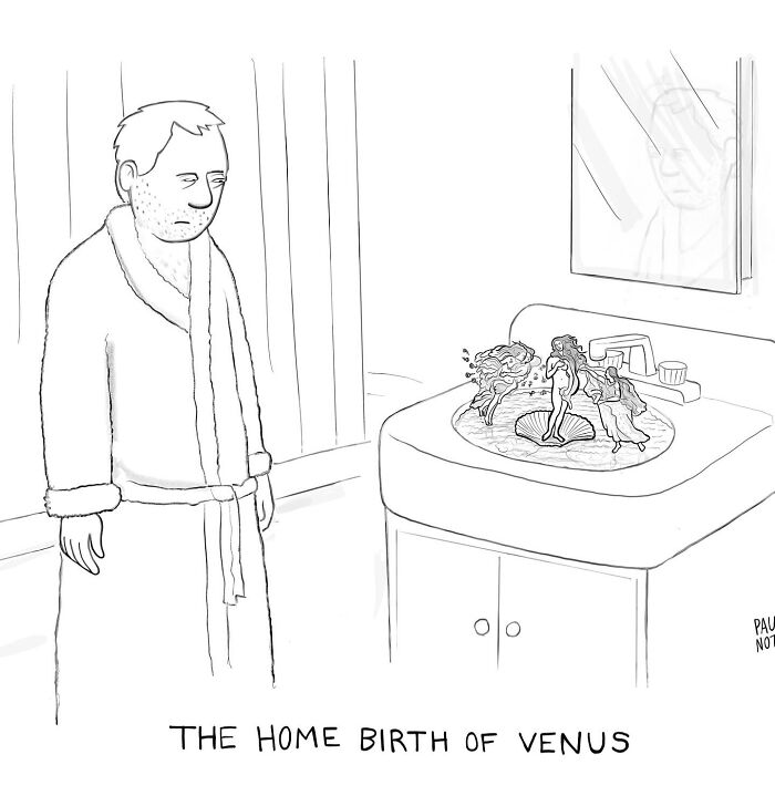 Man in bathrobe looking at miniature Venus figures in a sink, funny one-panel comic by New Yorker cartoonist Paul Noth.