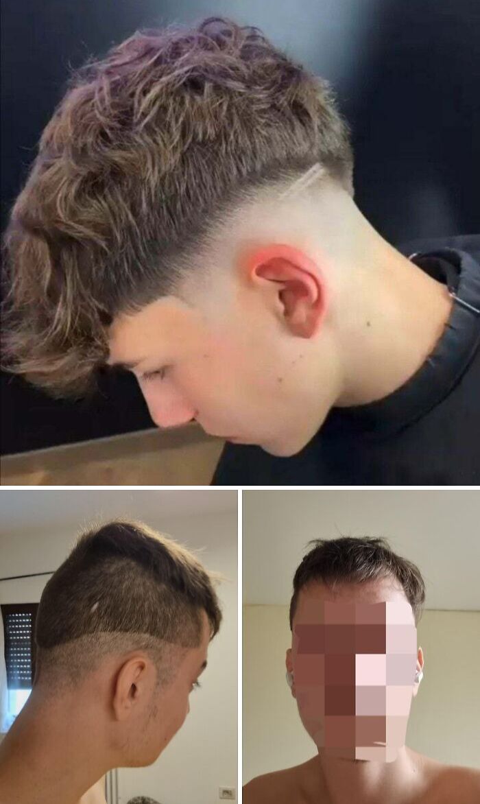 Three different views of humorous hair accidents showing uneven and awkward haircuts on young men’s heads.