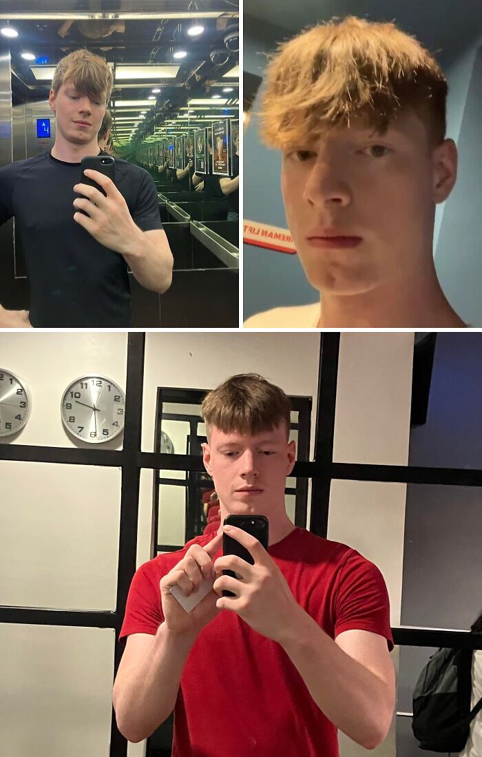 Young man showing a series of hilariously tragic hair accidents with uneven and unusual haircuts in mirror selfies.