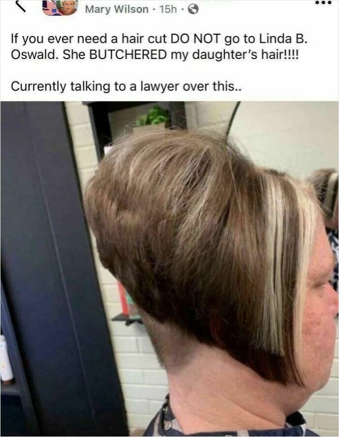 Unusual hair accident of a woman with uneven, tragic haircut featuring a sharp undercut and contrasting long blonde strands.