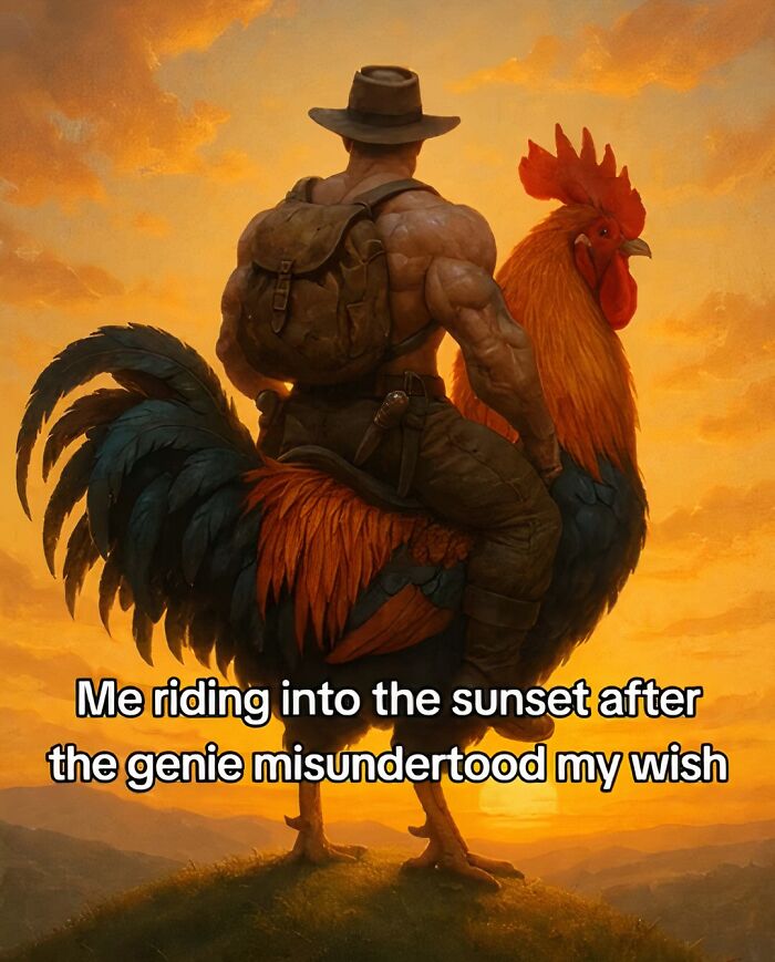 Muscular man wearing hat riding giant rooster at sunset, humorous meme reflecting 3AM posts that hit different energy.