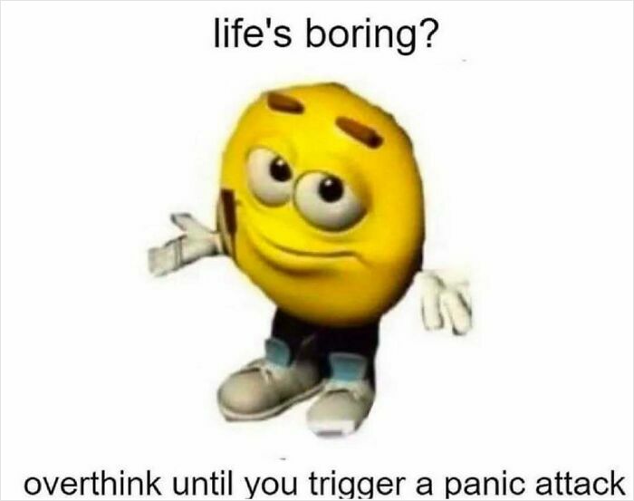 Yellow emoji character shrugging with text about boredom and overthinking, fitting posts that hit different at 3AM meme theme.