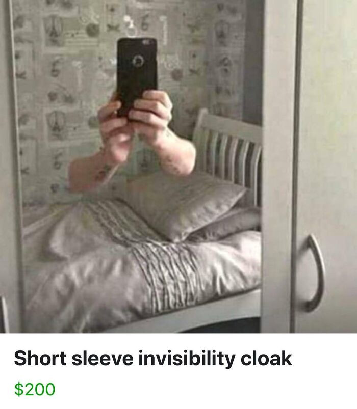 Person holding a phone taking a mirror selfie with visible reflection humorously selling a mirror online.