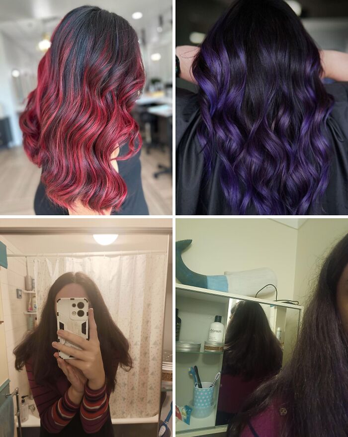 Four images showing hair accidents with uneven cuts and colors, highlighting unexpected and tragic hair mishaps.