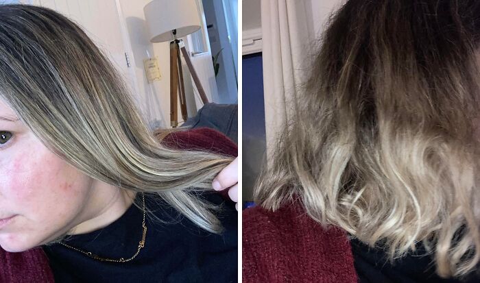 Close-up of a woman showing damaged and uneven hair strands from a tragically funny hair accident at home.